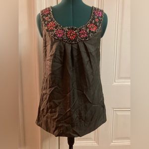 Ornate beaded collar gray silk top by Yoana Baraschi Medium